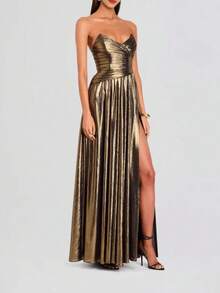 Women's New Metallic Color Strapless Waist-Cinching Sexy Off-Shoulder Dress - 棕色(25352) - 查看 5