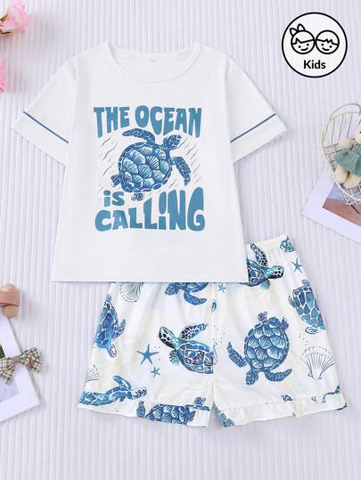 2pcs Kids Pajama Set, Summer New Round Neck Short Sleeve Elastic Waist Shorts Homewear Set, Cartoon Sea Turtle Print Pattern, Comfortable Short Sleeve Casual Sleepwear Homewear, Suitable For Children And Teens, Daily Wear And Parties, Children Gift Set