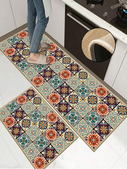 3.5mm Thick Rubber Linen Kitchen Mat, Colorful Tile Style Absorbent Kitchen Rug, Edged Carpet To Prevent Peeling, Water-Absorbing And Easy To Clean Mat, Linen Surface With Sponge Middle And Rubber Bottom, Suitable For Kitchen, Bathroom, Laundry Room, Hallway, Living Room And Other Spaces
