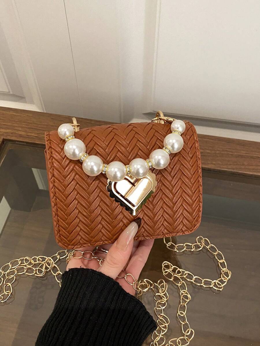 1个斋月迷你纯色亮面珍珠手提包，情人节礼物，单肩包 - 棕色 - 查看 1