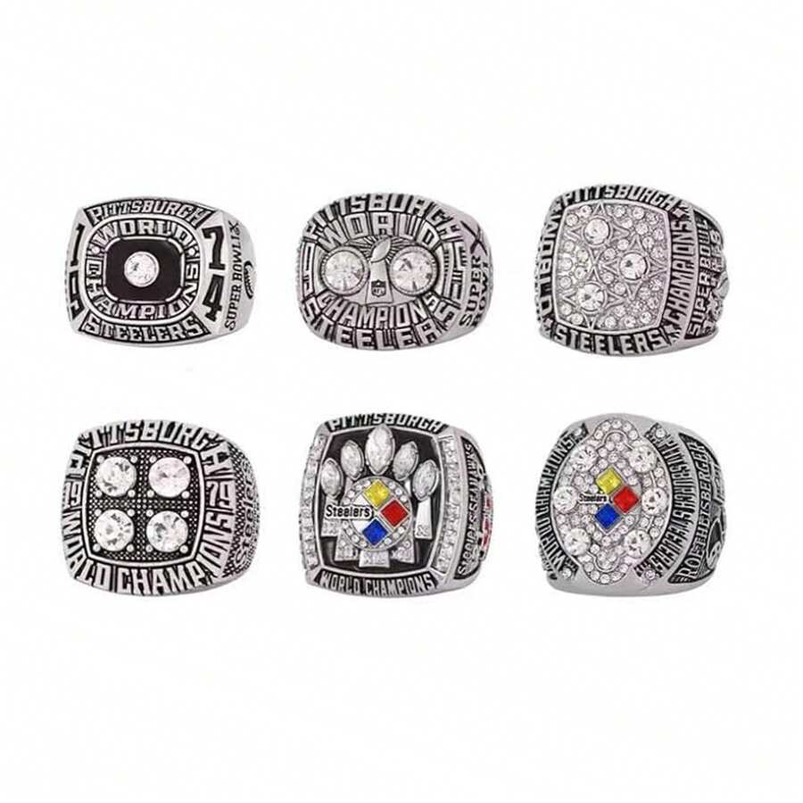 SILVER STYLE GIFT SET PITTSBURGH RUGBY 1974-75 1978-79 2005 2008 6-TIMES WORLD CHAMPIONSHIP RING, 6 RINGS SET WITH 6-HOLE WOODEN DISPLAY BOX PACKAGING, HOLIDAY GIFT FOR BASEBALL FANS - Silver - View 1