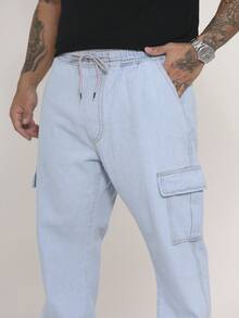 Men's Cargo Pants In Twill And Denim, Comfortable Oversized Casual Fit With 6 Pockets, Skate Style - 淺色水洗藍 - 查看 4
