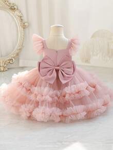 Baby Girls' Cap Sleeve Bow Tulle Burgundy Holiday Party Elegant Cute Princess Dress, Suitable For Baby Girl's 1st Birthday Gift, Banquet, Evening Party, Special Occasion, Festival Celebration - Pink - View 2
