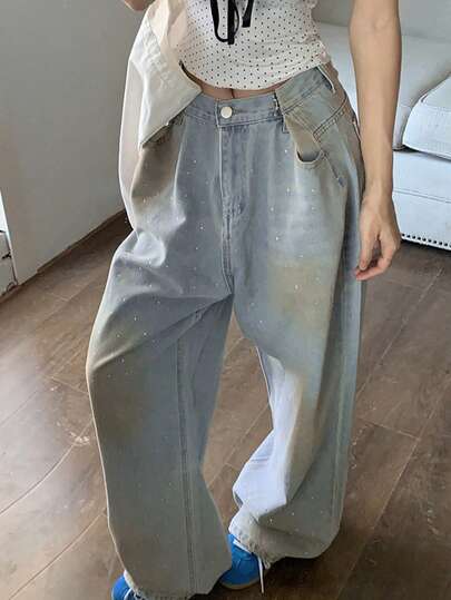 Vintage Distressed High Waist Loose Women Jeans With Rhinestone Design