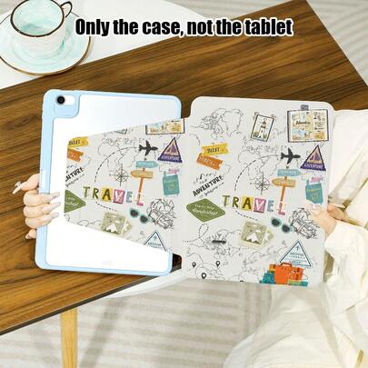 1pc Travel Pattern Flip Cover Desk Protective Case With Pen Slot, Compatible With IPad 10.9/10.2/Air 5th Gen/Pro 11/10th Gen/9.7/Air 2/IPad (7th Gen)/IPad (8th Gen)/IPad Air 4/5/Pad Pro 11/IPad 10.9" (2022), Smart Protective Cover, Compatible With IPad Air 13 (M3 2025)/Pad Air 11 (M3 2025)/Pad Air 11 (M3 2025)/Pad 11 (A16 2025), Supports S7/S8/S9/S6 Lite/S7+/S8+/S7FE/A7/A8/A9