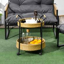 Serving Trolley, Ø50 X 66 Cm, Rattan Trolley With 2 Shelves, Garden Trolley, Round Kitchen Trolley With Handles, Outdoor Bar Trolley, Natural - C - View 7