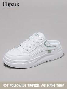 Flipark 1 Pair Women's Casual Shoes With Thick Soles, White With Green Accents + Green Leather Upper, Lightweight Non-Slip Low-Top Slip-On Sneakers For Daily Commute - Green - View 5