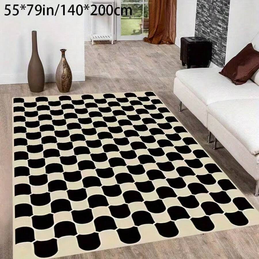 1pc Black & White Wavy Plaid Rug, Minimalist Style Carpet For Living Room & Bedroom, Black Wavy Plaid Criss-Cross Pattern, Soft Lines With Rhythmic Charm, Modern & Playful Style, Multiple Sizes Available, Living Room Rug, Carpet, Area Rug, Small Rug, Mat, Home Decor, Large Rug For Living Room, Room Decor, Washable Carpet