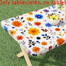 1pc Elastic Edge Tablecloth, Vibrant Orange Yellow Blue Pink Color Blocking, Healing Ditsy Floral Stretch Tablecloth, Spring Family Gathering Outdoor Party Gift, Home Decor, Suitable For Home Gatherings, Outdoor Decoration, Holiday Use, Indoor/Outdoor - Multicolor - View 6