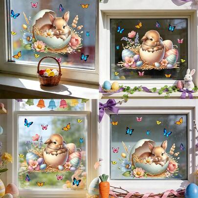 1 Stück kreative Frühlings-Hasen Fensteraufkleber, Oster-Ei Aufkleber, Vinyl Schmetterling und Blumenmuster, geeignet für Küchen-Schiebetüren, Wohnzimmer Dekoration, wiederverwendbare Glasfolie, schafft eine festliche Atmosphäre.