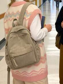 Solid Color Corduroy Fabric Women Backpack, Fashionable Versatile Minimalist Style, Back To School Essentials - Khaki - View 7
