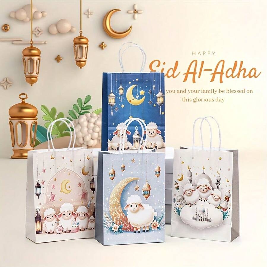 25pcs/12pcs/6pcs Eid Al-Adha Happy Party Gift Bags, Retail Store Packaging Bags, Moon Festival Gift Packaging Bags, Party Gift Tote Bags, Party Gift Bags, Birthday Party Wedding Sheep Themed Gift Bags