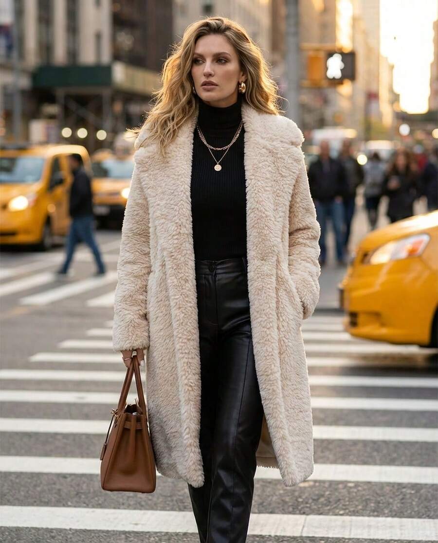 Women's Luxury Brown Faux Fur Jacket Elegant Cropped Fluffy Fuzzy Coat, Thick Warm Winter Outerwear For Carnaval Ski Trip Party Night Out Streetwear Chic Mob Wife Aesthetic Old Money Teddy Bontjas Fashion - Champagne - View 1