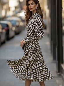 Women's Elegant Spring/Summer Plaid Print Casual Party Dress, Long Sleeve Design, Suitable For Dates - Black - View 8