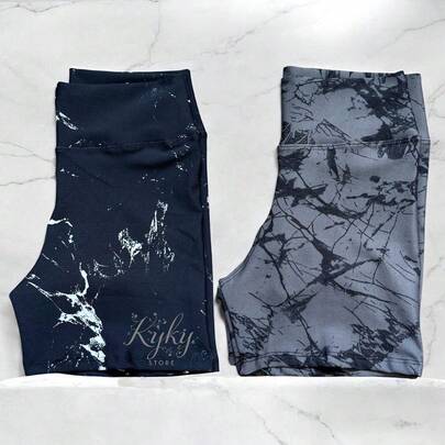 Kit 2 Shorts Feminino Fitness Meia Coxa Academia Fitness Cross Fit Marmorizado Rajado Colorido Modelador Conjunto de Shorts