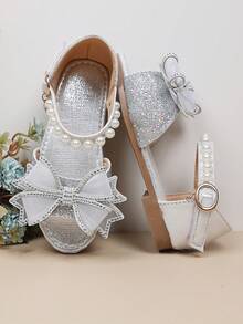 A Pair Of 2026 New-Style Girls' Net-Silk Rhinestone Bow Pearl Anti-Slip Slip-On Mid-Heel Ankle Strap Sandals | Suitable For Sisters' Afternoon Tea Outings / School Club Presentations - Silver - View 6