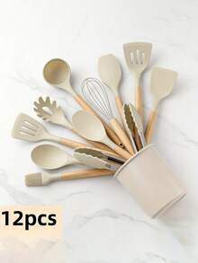 12pcs Silicone Kitchen Utensil Set With Holder, Heat Resistant Cooking Utensils For Nonstick Cookware, Black Wooden Handle Kitchen Tool Set, Father's Day Gift - Black - View 12