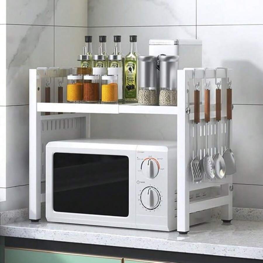 White 2 Tier Microwave Rack - Expandable Countertop Organizer For Air Fryer Space Saving - White/2 Tiers With 6 Hooks - View 1