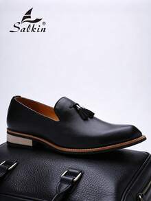 Salkin 经典复古设计师男士一脚蹬乐福鞋，优雅绅士流苏皮鞋，透气纯色，防滑耐用鞋底，适合休闲、商务、正式场合、毕业典礼、婚礼、春夏秋季，加大码 - 黑色 - 查看 4