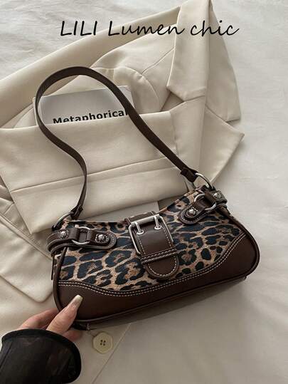 New Fashion Buckle Leopard Print Handbag & Shoulder Bag, Suitable For Parties, Outings, Vacations, Shopping And Daily Use, Can Store Coins, Phones, Also Suitable As A Work Bag For White-Collar, College Students And Office Workers, Elegant Ladies Bag