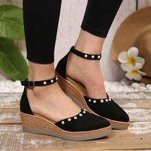 Women's Casual Pearl Pointed Toe Wedge Sandals, Breathable Fabric Upper, High Heel & Cushioned PU Sole, Comfortable Buckle Closure, Fashion Summer Shoes - Black - View 8