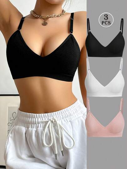3件套无缝文胸，舒适无钢圈文胸，可调节肩带，无衬垫无钢圈，适合日常穿着和运动。
