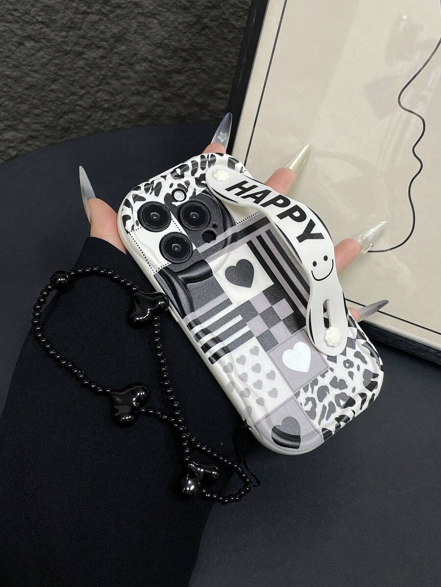 1pc Fashion Wristband With Black & White Heart Patchwork Plaid Heart Print, Thick High-Impact Phone Protective Case With Matching Wristband, Kickstand Function, Includes 1 Black Heart Chain, Suitable For Self-Use Or Couples/Valentine's Day Gift, Compatible With Apple & Series - Multicolor - View 1