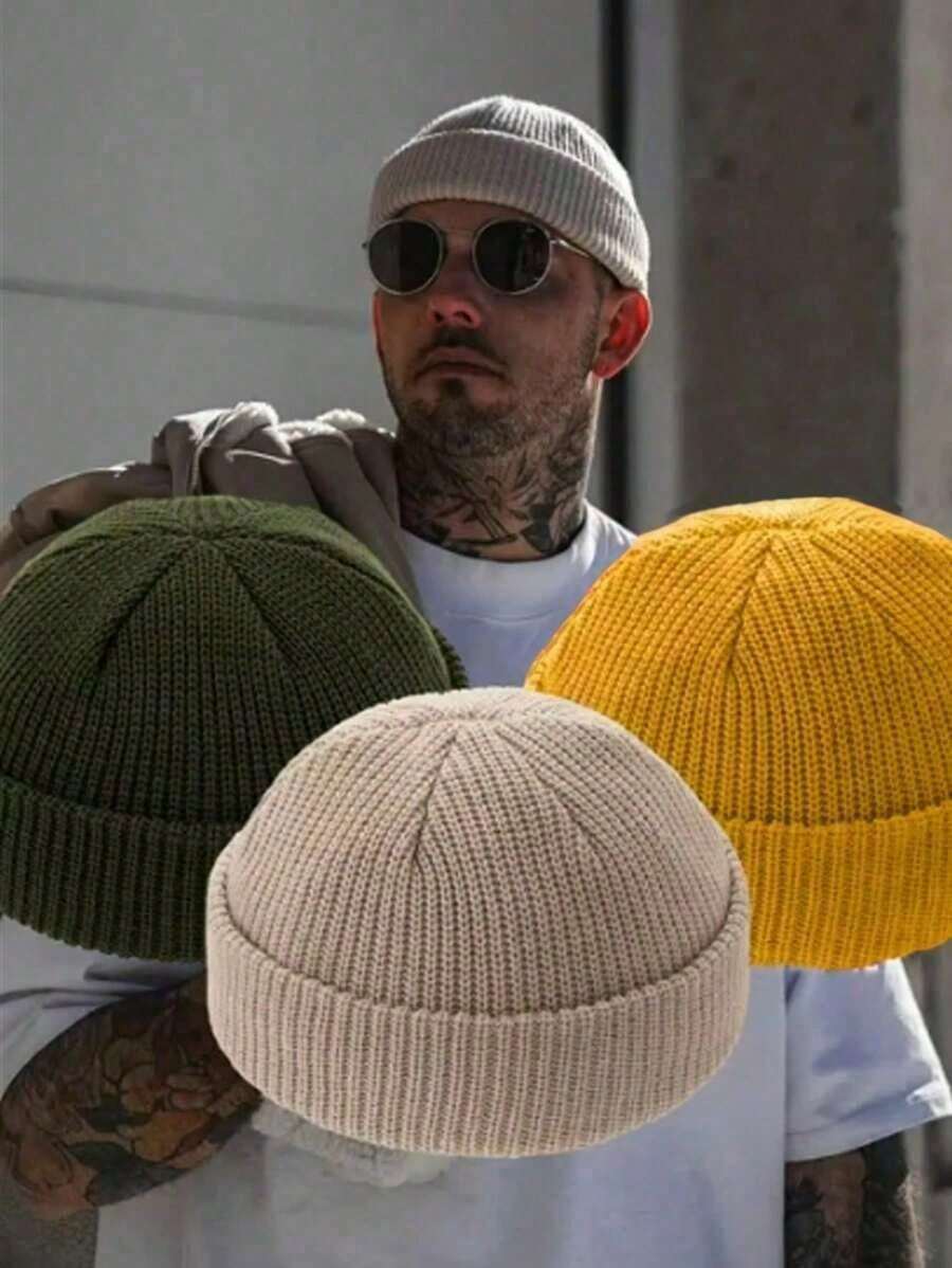 1pc Solid Knitted Beanies Hats For Men, Warm Cozy Knitted Cuffed Skull Cap ,Suitable For Daily Wear Street. Fall Outfit - 彩色 - 查看 1