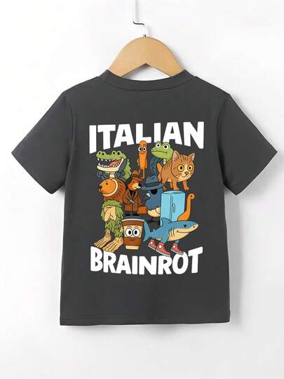 Young Boy Casual Fashionable Street Daily Commute Funny Cartoon Letter Print Short Sleeve T-Shirt, Summer