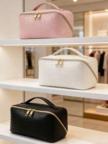 1 Stück gewebter karierter Kosmetikbeutel, Make-up Tasche, erhältlich in Pink, Schwarz, Weiß, Reise-Organizer mit großer Kapazität, hochwertige neue Gestaltung, Neujahrgeschenk, Handtasche, ideales Geschenk für Ehefrau, kann Kosmetika, Make-up Pinsel, Schmuck, Halsketten aufnehmen, tolles Geschenk für Freunde, Make-up Raum Dekoration - Pink - Übersicht 2