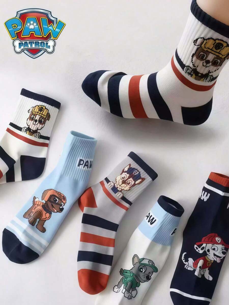 Paw Patrol 5 pares de adorables calcetines de la serie de dibujos animados "Bark Team" con patrones de jacquard coloridos, colores y diseños aleatorios. Las características incluyen elementos como Tian Tian, Xiaoli, Laidi, Maomao, Huihui, Archi, números y rayas. - Multicolor - Ver 1