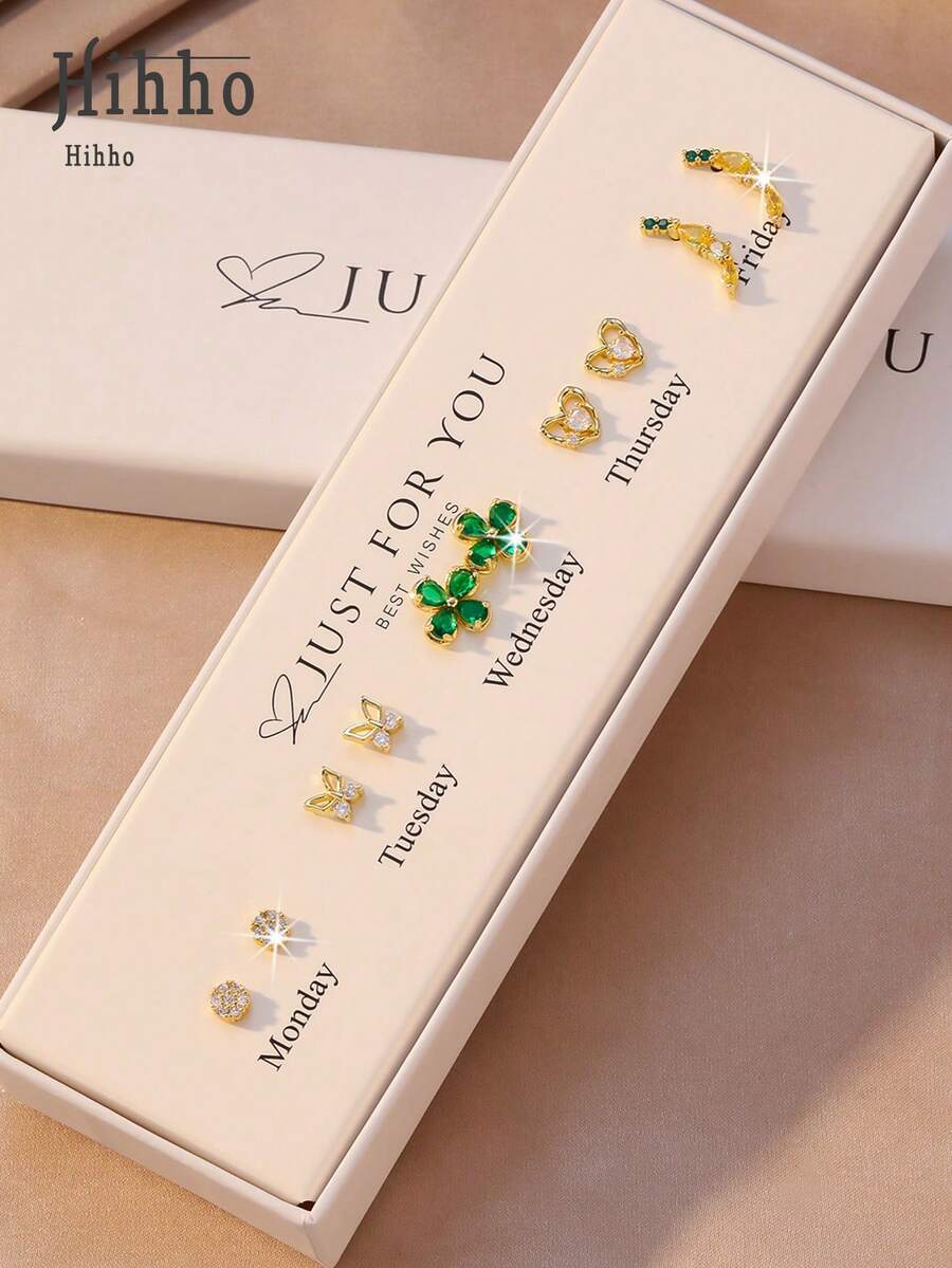 Hihho 10件/套（优雅白色礼盒）闪亮立方氧化锆蝴蝶和心形设计耳环，7天耳环套装，金色耳钉，送给优雅女士的最佳礼物 - 彩色 - 查看 1