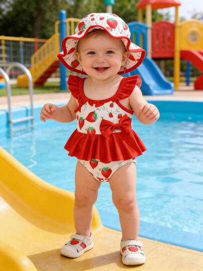 Cute Strawberry Cartoon Print Girl's Swimsuit With Matching Sun Hat Outdoor Suit, Perfect For Summer Pool Or Beach Activities
