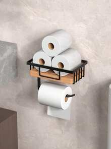 Wall-Mounted Wooden Tissue Paper Holder With Spare Roll Storage Rack - Ideal For Bathroom And Washroom Decor, Easy Installation, Great Gift, Tissue Paper Dispenser - Multicolor - View 4