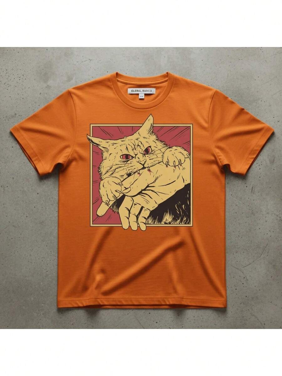 Vintage Cat T-Shirt, Retro Bite, Grunge, Authentic, Stylish, Regular Blogger Style - Orange - View 1