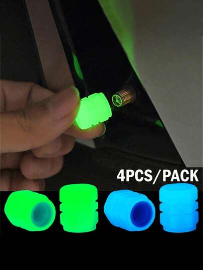4pcs Glow In The Dark Tire Valve Caps, Universal Luminous Valve Stem Covers In Green, Pink, Blue, Yellow, Long-Lasting Fluorescent Car Tire Valve Caps, Waterproof Dustproof Tire Valve Protectors For Automobiles/SUVs/Motorcycles/Bicycles/Trucks/ATVs/RVs, Car Tire Valve Accessories For Nighttime Driving Safety And Wheel Decoration