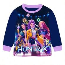 2件套K-Pop恶魔猎人女团睡衣套装，长袖睡衣上衣+裤子，适合6-12岁儿童 - 粉色 - 查看 5