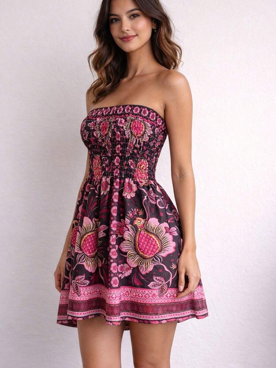 Short Strapless Printed Dress With Elastic For Summer And Festivals, 2026 . - 印度玫瑰 - 查看 1