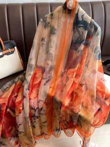 1pc Women Orange Chiffon Scarf, Lightweight, Versatile, Suitable For Spring, Autumn, Travel, Sun Protection For Dress ZMLL - màu đen - Xem 3