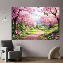 2D plat, 1 pièce Bannière de fond de photographie - Atmosphère unique de sentier de fleurs de cerisier, convient pour les fêtes à thème printanier, les célébrations romantiques et autres décorations, fond photo de vacances, décoration de salle de fête à la maison, idéal pour les événements de style romantique printanier - 1 pièce - Voir 7