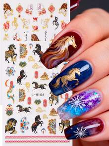 2pcs New Year Vintage Horse Design Nail Art Stickers Roses Auspicious Clouds 3D Self-Adhesive Nail Decals DIY Wedding Spring Manicure Decorations Accessories - MultiWarna - View 2