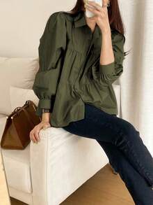 Women's Solid Color Woven Fabric Front Button Casual Elegant Minimalist Long Sleeve Shirt Blouse, Versatile For Daily, Vacation, Office, Travel, Airport, Spring/Summer/Autumn/Winter, Christmas, Thanksgiving And Other Holidays, Outdoor, Ceremony, Birthday - Army Green - View 5
