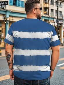Plus Size Men's Fashionable White & Striped Ombre Print Short Sleeve T-Shirt, Casual Contrast Color Tee With Palm Tree Logo, Versatile For Daily Wear And Workout, Summer - Multicolor - View 6