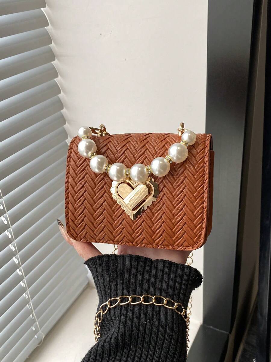 1pc Ramadan Mini Solid Glossy Pearl Handbag, Valentine's Day Gift, Shoulder Bag - Brown - View 1