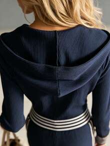 女士针织连体裤，带帽拉链设计，修身剪裁，条纹图案，弹力面料，休闲/运动风，优雅通勤两相宜，喇叭裤腿，模特走秀款，侧边条纹撞色拉链 - 藏蓝色 - 查看 6