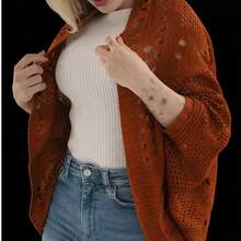 Lace Kimono Cape For Winter, Elegant Knit, One Size - Plus Size - Burnt Orange - View 2