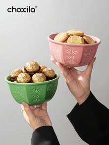 choxila A Coconut Flower Patterned Ceramic Bowl, Blue, Light Green, Pink, Perfect For Holding Desserts, Nuts, Snacks, Yogurt, Salads, Or Chocolates. Suitable For Kitchens, Restaurants, Or Schools. It Is An Ideal Choice For Ramadan, Afternoon Tea - Multicolor - View 2