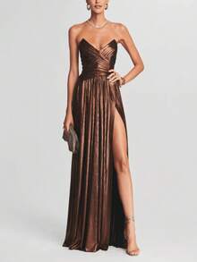 Women's New Metallic Color Strapless Waist-Cinching Sexy Off-Shoulder Dress - 棕色(25352) - 查看 3