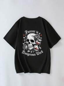 Große Größen Totenkopf- und Buchstaben-Muster Lässig Rundhals Kurzarm T-Shirt, Sommer Schwarz - Schwarz - Übersicht 3