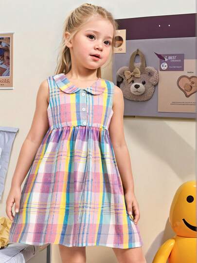 Đầm hè phong cách retro cho bé gái, đầm không tay kẻ sọc nhiều màu sắc, cài nút, thoải mái, đa năng, trẻ trung, năng động, thanh lịch cho bé gái, quà tặng mùa hè cho tiệc tùng, du lịch.